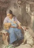 Mother and child with a dog by John Henry Henshall, Watercolour, offered Apr 2022