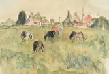 Landscape with horses by Maud Sumner, Ink and watercolour, offered Apr 2022