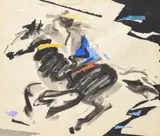 Horse and rider by Nel Erasmus, Ink, watercolour, gouache and collage, offered Apr 2022