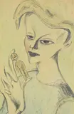 Woman with doll by John Dronsfield, drawing, offered Apr 2022