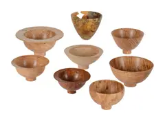 A GROUP OF EIGHT VARIOUS TURNED LIGHT WOOD BOWLS AND VESSELLS Including ash, beech, and birch Each numbered by Ray Key, sculpture, offered Apr 2022