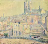 Landscape with cathedralOil on canvasSigned (lower right)45.5 x 50.5cm (17¾ x 19¾ in.) by Fernand Verhaegen, oil, offered Mar 2022