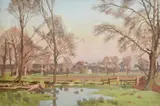 Water meadow landscape by Allan Gwynne-Jones, 1938, oil, sold Mar 2022