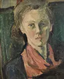Portrait of a lady, wearing a red scarf Oil on board Signed (lower centre)51 x 41cm (20 x 16 in.)Condition Report: The board is bowing by Ronald Ossory Dunlop, Oil on board, sold Mar 2022