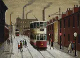 Working class area with people and trams by Arthur Delaney, oil, sold Mar 2022