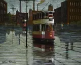 Tramcars on a wet day by Arthur Delaney, oil, sold Mar 2022