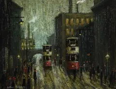 Bridge beyond by Arthur Delaney, oil, sold Mar 2022