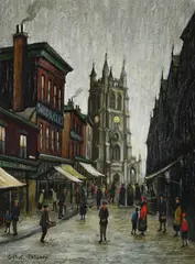 Parish church and old market by Arthur Delaney, oil, sold Mar 2022