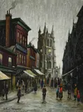 Parish church and old market by Arthur Delaney, oil, sold Mar 2022
