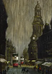 Trams with the Refuge Assurance building, Manchester beyondOil on boardSigned (lower left)21 x 14cm (8¼ x 5½ in.)Provenance:The Selwyn Demmy Collection by Arthur Delaney, oil, sold Mar 2022