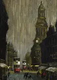 Trams with the Refuge Assurance building, Manchester beyondOil on boardSigned (lower left)21 x 14cm (8¼ x 5½ in.)Provenance:The Selwyn Demmy Collection by Arthur Delaney, oil, sold Mar 2022