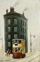 Tram and tall building by Arthur Delaney, oil, sold Mar 2022