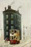 Tram and tall building by Arthur Delaney, oil, sold Mar 2022