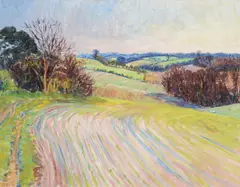Spring landscape by Frederick Gore, 1980, oil, sold Mar 2022