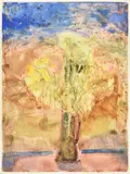 Dying flowers with landscape through the window at 'Butts by Norman Adams, watercolor, sold Mar 2022