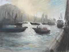 Harbour looking towards Hong Kong islandCharcoal and pastel Signed and dated '03 (lower centre)43 x 58cm (16¾ x 22¾ in.) by Bill Jacklin, pastel, sold Mar 2022