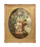 Still life of flowers in an urn Oil on canvas, in an oval mount Signed (lower right) 122 x 91.5cm (48 x 36 in.) by G. Stewart, Oil on canvas, in an oval mount, offered Feb 2022