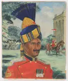 A portrait of a soldier with two further soldiers on horseback by Joan Jessop, Oil on canvas board, offered Feb 2022