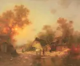 Gentleman tending to his horse by the water's edge with a cottage landscape beyond Oil on canvas Signed (lower right) 51 x 64cm (20 x 25 in.) by C. König, Oil on canvas, offered Feb 2022
