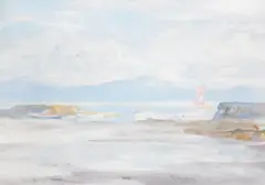 Coastal scene by Edmund Blampied, 1938, Oil on panel, sold Feb 2022
