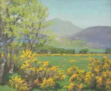 Valley landscape with hills beyond by Rudolf Onslow Ford, Oil on board, offered Feb 2022