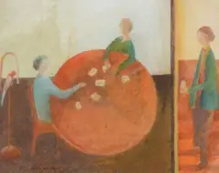The card players; Peeling an orange Mixed media Both signed Each approx 35 x 45cm (13¾ x 17½ in.) (2) Provenance: The Wykeham Gallery, Stockbridge by David Brayne, Mixed media Both signed Each approx, offered Feb 2022