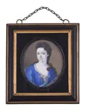 A lady by Y Bernard Lens III, Watercolour on ivory, oval, sold Feb 2022