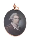 A gentleman, wearing brown jacket and white shirt by Y I.h, 1779, Watercolour on ivory, oval, sold Feb 2022