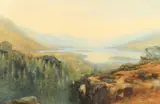 Extensive landscape view- lakes between mountain vista by William Joseph Wadham, 1901, Watercolour, offered Feb 2022