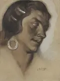 The head of a gypsy Chalk on buff paper, heightened with white Signed (lower right) 39 x 29cm (15¼ x 11¼ in.) by Ignacio Zuloaga, Chalk on buff paper, heightened with white, sold Feb 2022