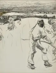 Scything by Harry Becker, Charcoal and pencil, heightened with yellow crayon, sold Feb 2022