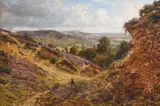 Sheep and dog in a heather landscapeOil on canvasSigned and dated 1877 (lower right)59 x 90cm (23 x 35¼ in.) by George William Mote, 1877, oil, sold Jan 2022