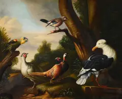 Birds in a woodland landscape by B. Chan, oil, sold Jan 2022