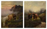Highland cattle in a landscape, a pairOil on boardEach signed and dated 1905 (lower left) 31.5 x 25.5cm (12¼ x 10 in.) (2) by Sidney Pike, 1905, oil, sold Jan 2022