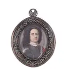 A gentleman, wearing armour, white stock, ermine trim and red velvet mantle Watercolour on card, oval 6.7cm (2½ in.) high In a silver gilt and enamel frame by Christian Richter, Watercolour on card, oval, sold Dec 2021
