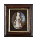 Portrait of a child holding a basket of chicks by Catherine da Costa, Watercolour and bodycolour on card, oval, sold Dec 2021