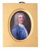 John Adye, wearing blue coat, white stock and chemise, his powdered wig curled and worn long Enamel, oval Inscribed by Richard Corbould, watercolor, offered Dec 2021