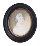 A lady, wearing white dress and fichu, her powdered hair upswept Watercolour on ivory, oval Inscribed by Y Edward Nash, Watercolour on ivory, oval, sold Dec 2021