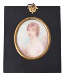 A young lady, wearing white dress Watercolour on ivory, oval 7.6cm (2in.) high In a rectangular papier-mâché frame with trade label verso by Y Henry Jacob Burch Junior, Watercolour on ivory, oval, offered Dec 2021