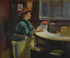 Lady at the bar, Green's Restaurant Oil on canvas Signed and dated 85 (lower left) 63.5 x 76cm (25 x 29¾ in.) by Antony Bream, Oil on canvas, sold Dec 2021