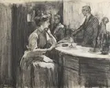 Lady at the bar, Green's Restaurant Charcoal and chalk Signed and dated 84 (lower left) 50 x 62cm (19½ x 24¼ in.) by Antony Bream, Charcoal and chalk, offered Dec 2021
