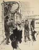 Berkeley Restaurant by Francis Marshall, Pen and ink and wash, sold Dec 2021