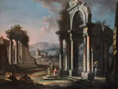 Architectural capricci with figures amongst classical ruins by Giuseppe Zocchi, oil, offered Dec 2021