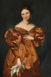 Portrait of a lady wearing a gold dressOil on canvas laid to cardSigned (lower right)84 x 57cm (33 x 22¼ in.)Condition Report: The card has now started to bow by Johann Joseph Acherman, oil, sold Dec 2021