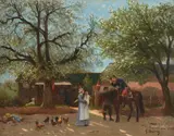 An encounter while on manoeuvres Oil on canvasSigned (lower right)26.7 x 34cm (10½ x 13¼ in.) by Gustave Oudry, Oil on canvasSigned, sold Dec 2021
