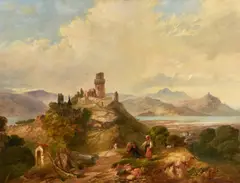 Travellers in an Italianate landscapeOil on canvasSigned and dated 1868 (lower right) 73 x 96cm (28½ x 37¾ in.) by James Vivien De Fleury, 1868, oil, sold Dec 2021