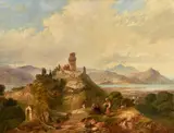 Travellers in an Italianate landscapeOil on canvasSigned and dated 1868 (lower right) 73 x 96cm (28½ x 37¾ in.) by James Vivien De Fleury, 1868, oil, sold Dec 2021