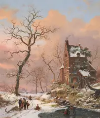Villagers in a snowy landscape by Fredrik Marinus Kruseman, 1881, oil, sold Dec 2021
