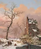 Villagers in a snowy landscape by Fredrik Marinus Kruseman, 1881, oil, sold Dec 2021
