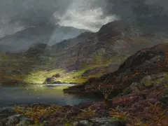 Stag and doe in a highland landscape by Charles Stuart, oil, sold Dec 2021
